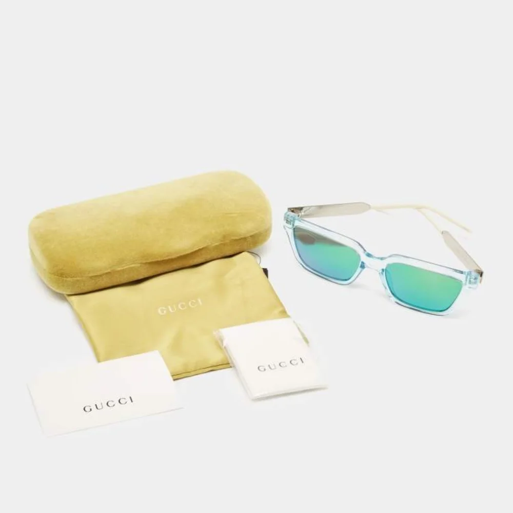 New - Authentic Gucci Light Blue/Metallic Gradient GG0975S Mirrored Square Sun…